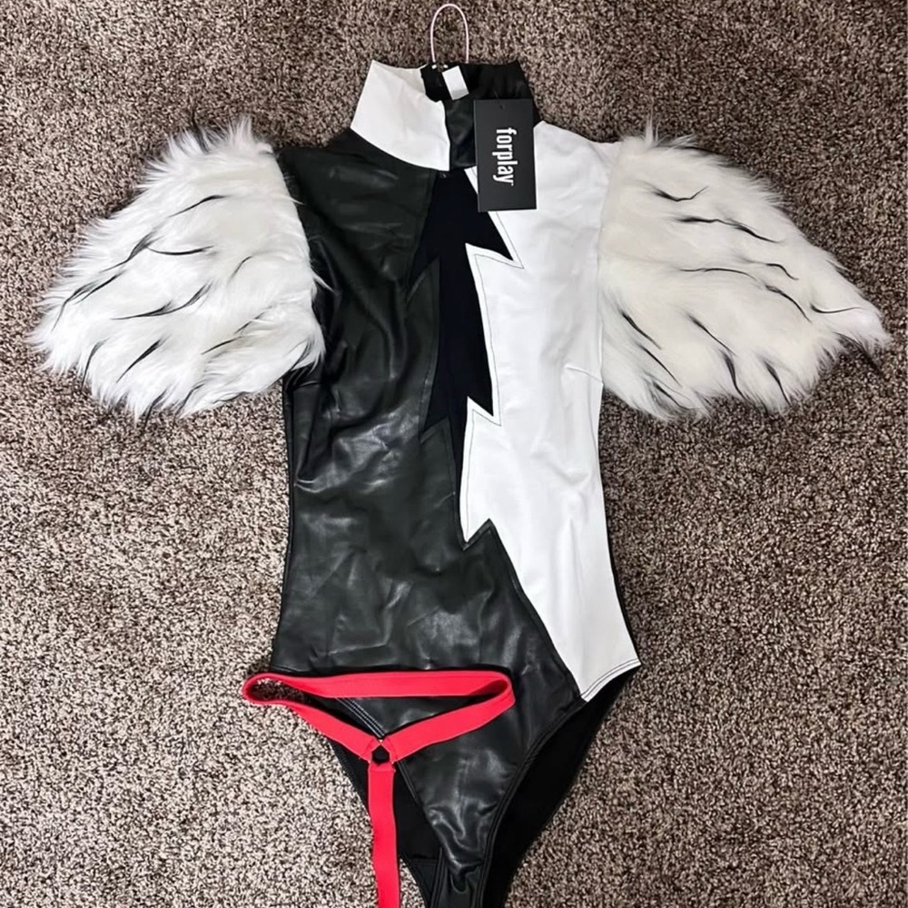 Forplay Black and White Bodysuit with Faux Fur